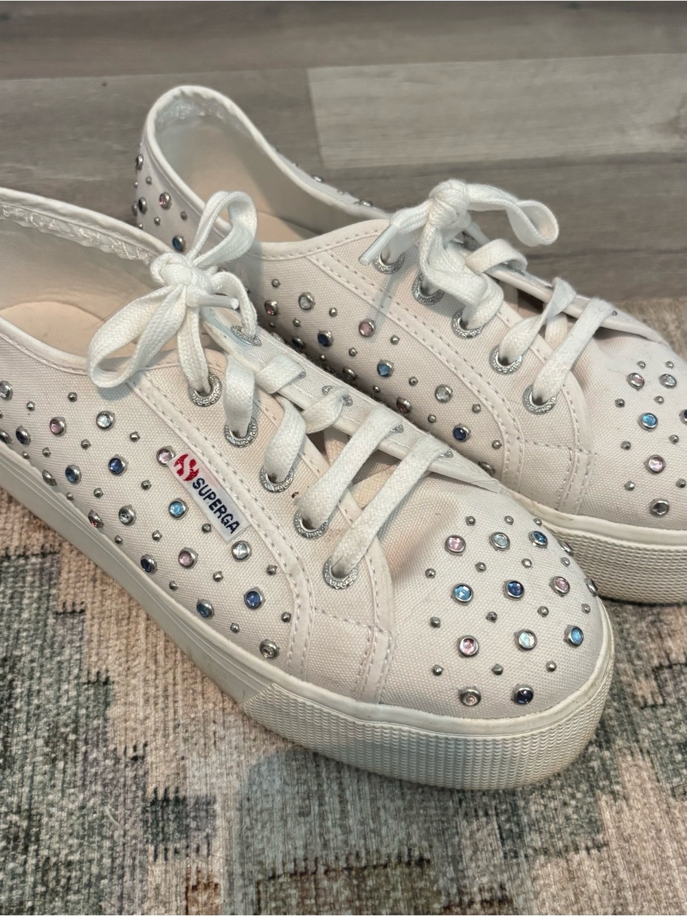 Superga White Canvas Sneakers with Multicolor Rhinestones